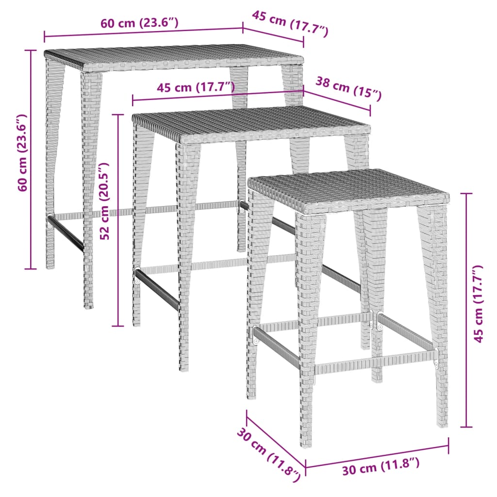 Tables gigognes de jardin 3 pcs marron résine tressée