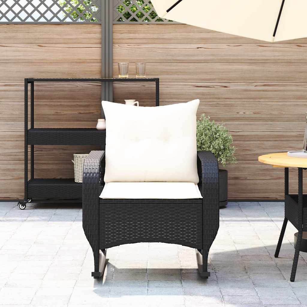 Chaise à bascule de jardin avec coussins noir résine tressée