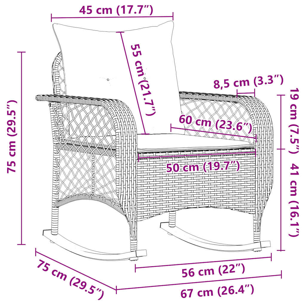 Chaise à bascule de jardin avec coussins noir résine tressée