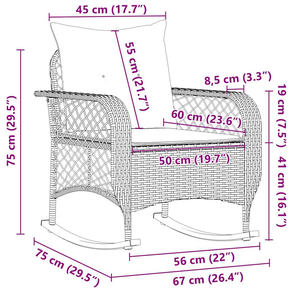 Chaise à bascule de jardin avec coussins gris résine tressée