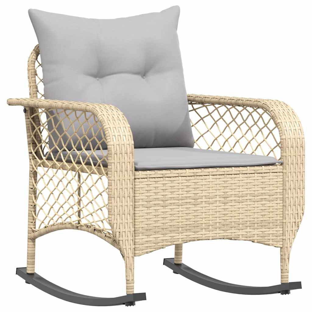 Chaise à bascule de jardin avec coussins beige résine tressée