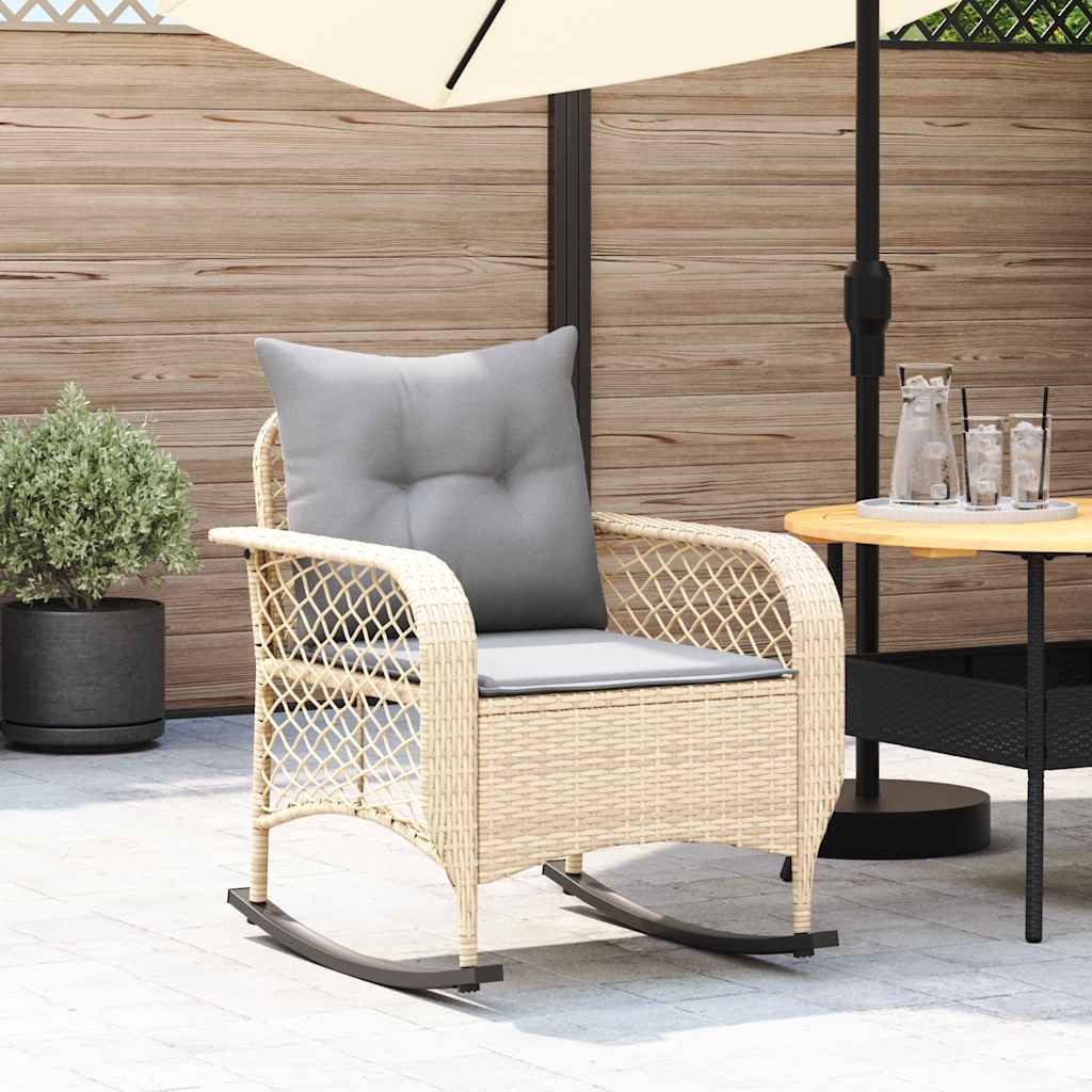 Chaise à bascule de jardin avec coussins beige résine tressée