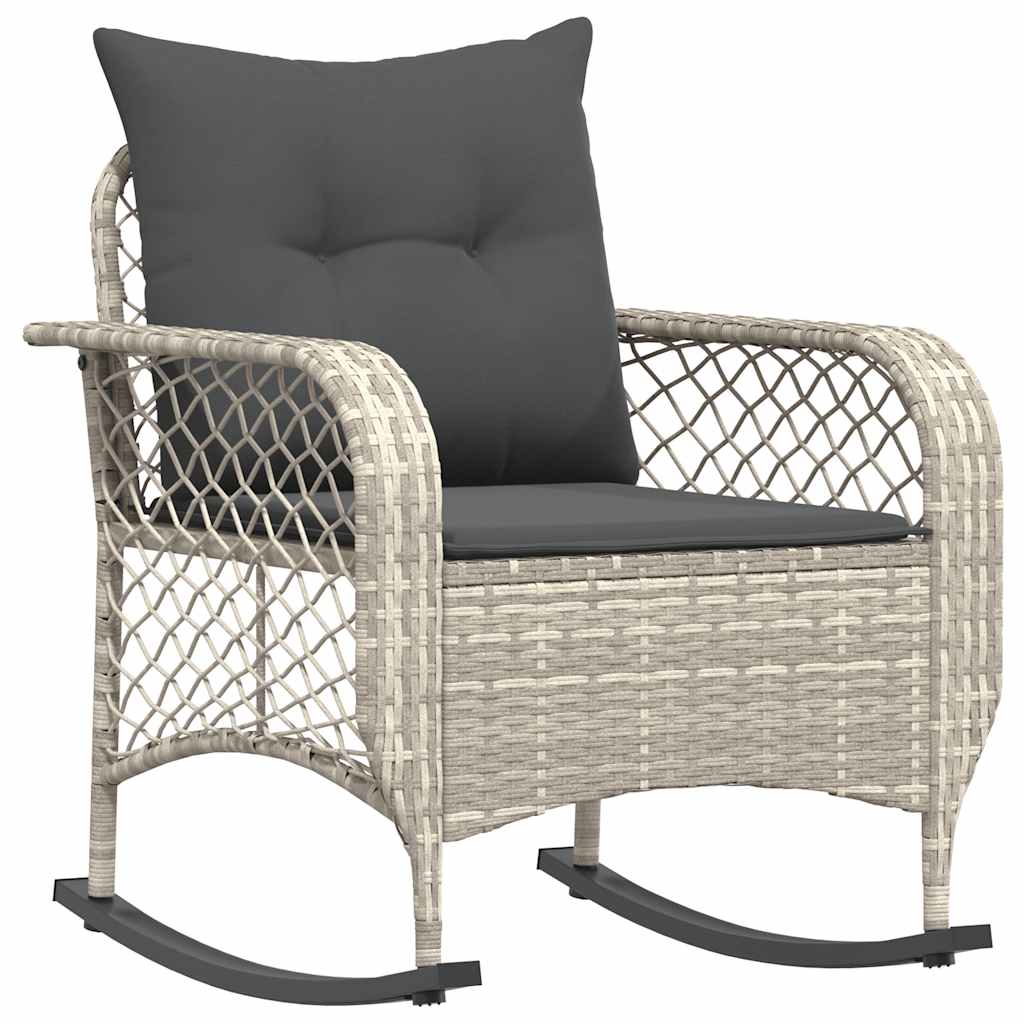 Chaise à bascule de jardin avec coussins gris clair poly rotin