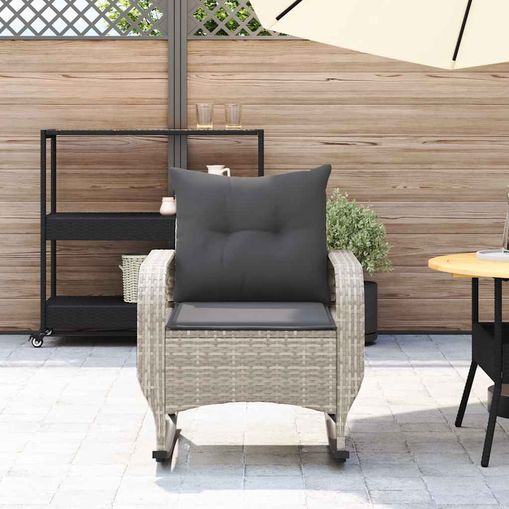 Chaise à bascule de jardin avec coussins gris clair poly rotin