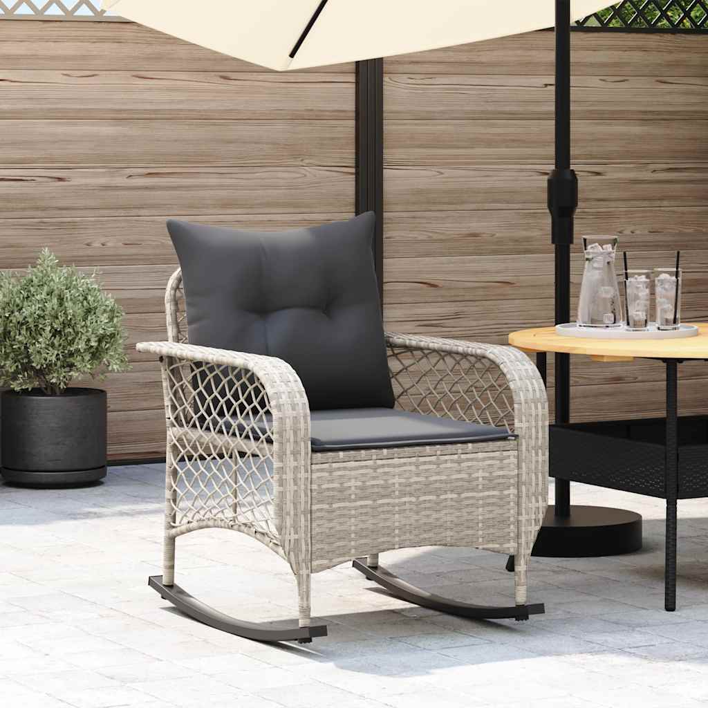 Chaise à bascule de jardin avec coussins gris clair poly rotin