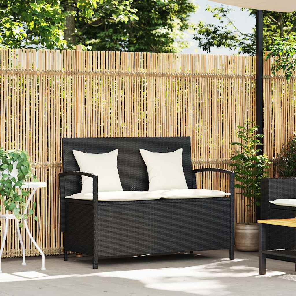 Banc de rangement de jardin avec coussin noir résine tressée