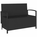 Garden storage bench with black cushion in woven resin