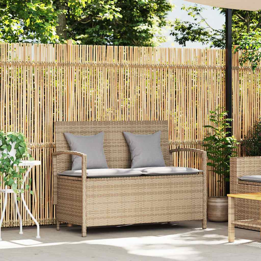 Banc de rangement de jardin avec coussin beige résine tressée