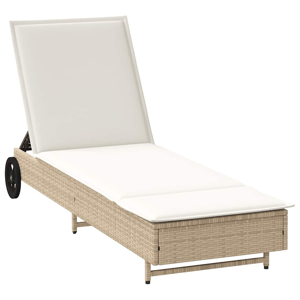 Chaise longue avec roues et coussin beige résine tressée