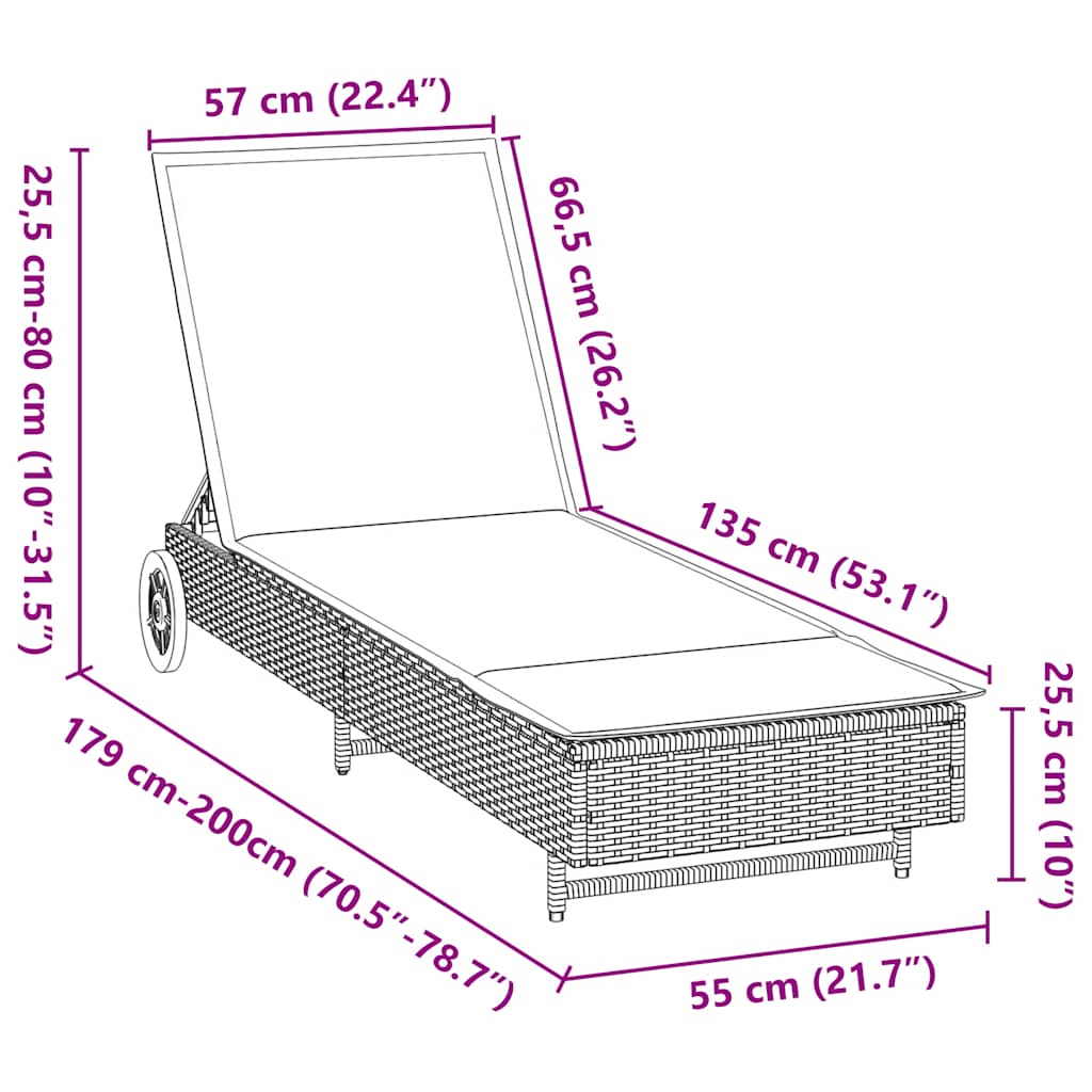 Chaise longue avec roues et coussin beige résine tressée