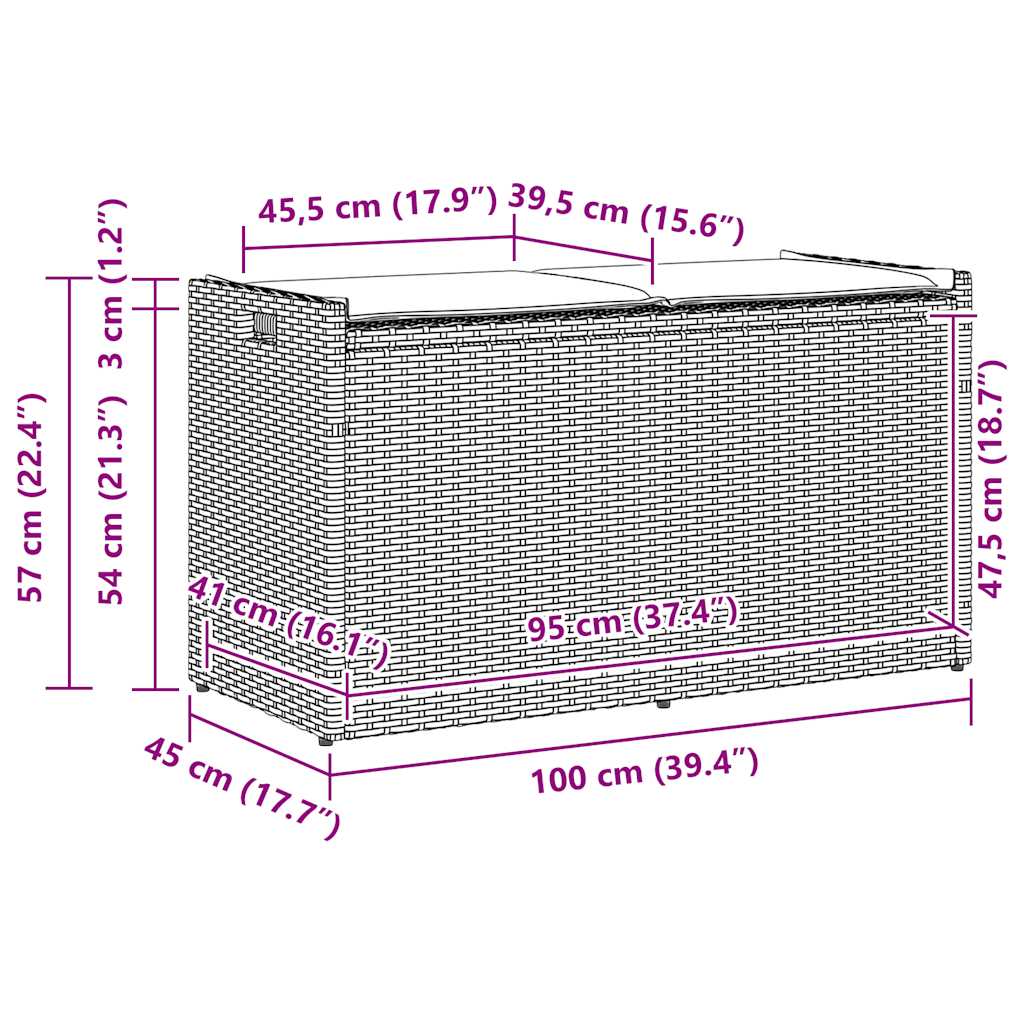 Banc de rangement extérieur coussin gris clair 100 cm polyrotin