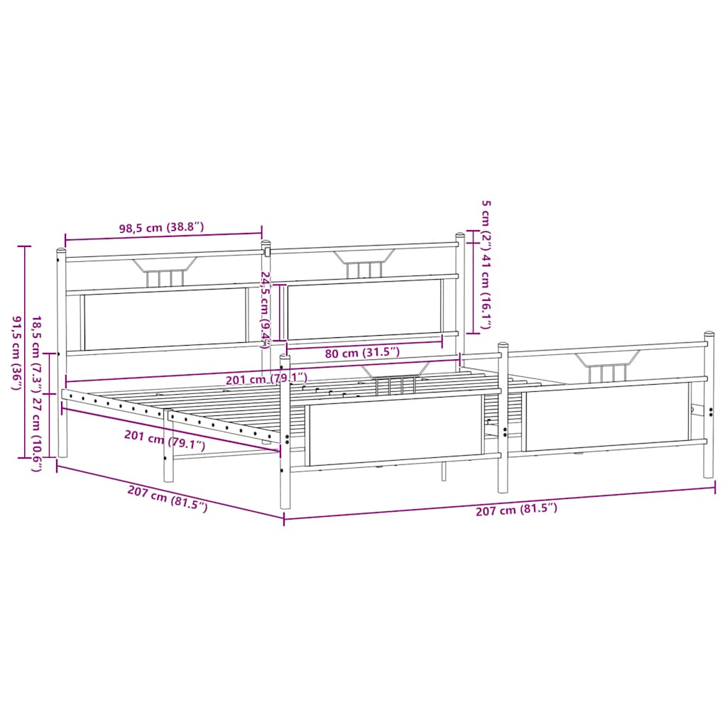 Metal bed frame without mattress smoked oak 200x200 cm