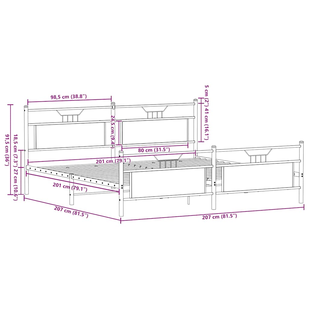 Cadre de lit en métal sans matelas chêne sonoma 200x200 cm