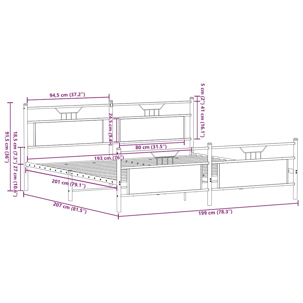 Cadre de lit en métal sans matelas chêne marron 193x203 cm