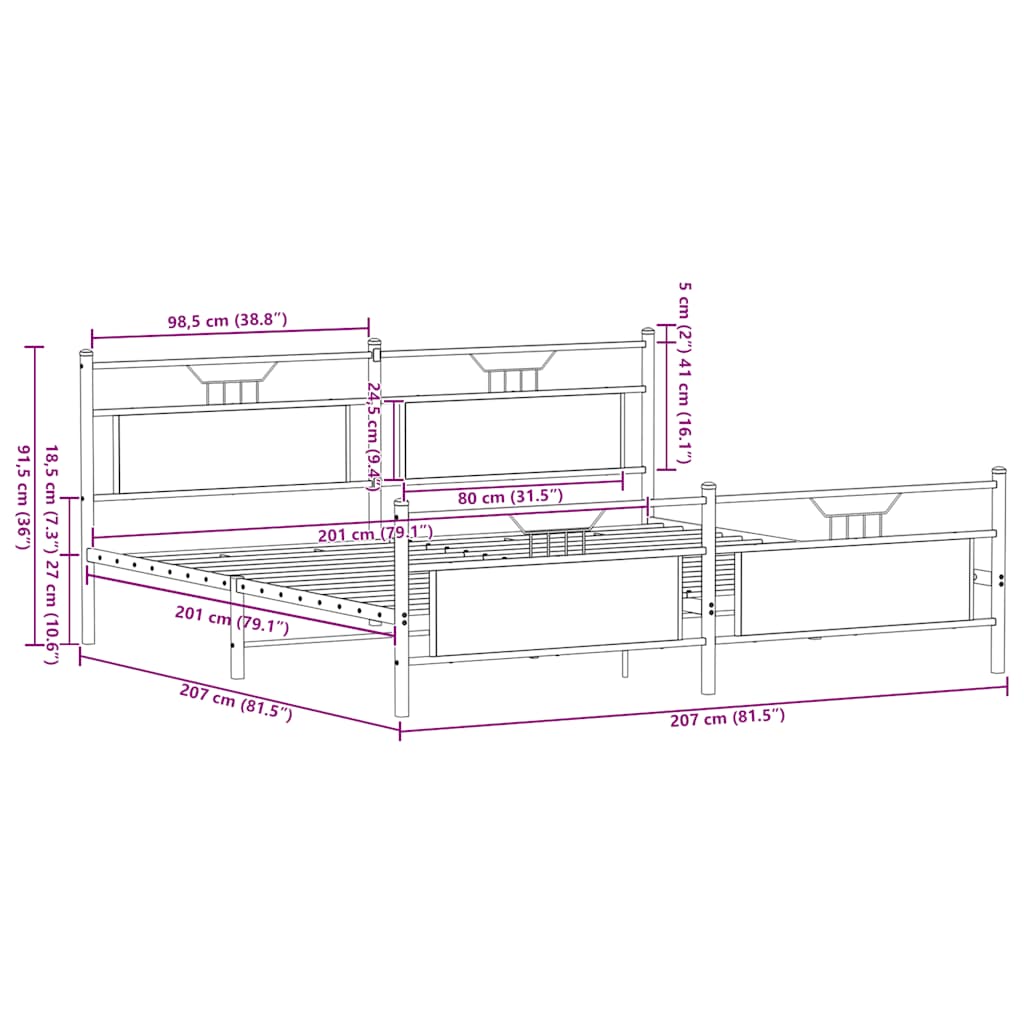 Cadre de lit en métal sans matelas chêne marron 200x200 cm