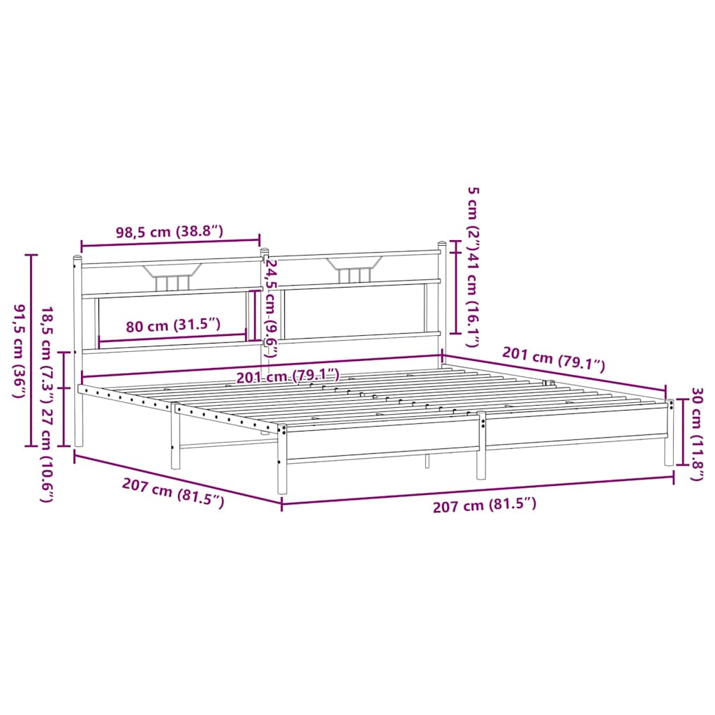 Cadre de lit en métal sans matelas chêne fumé 200x200 cm