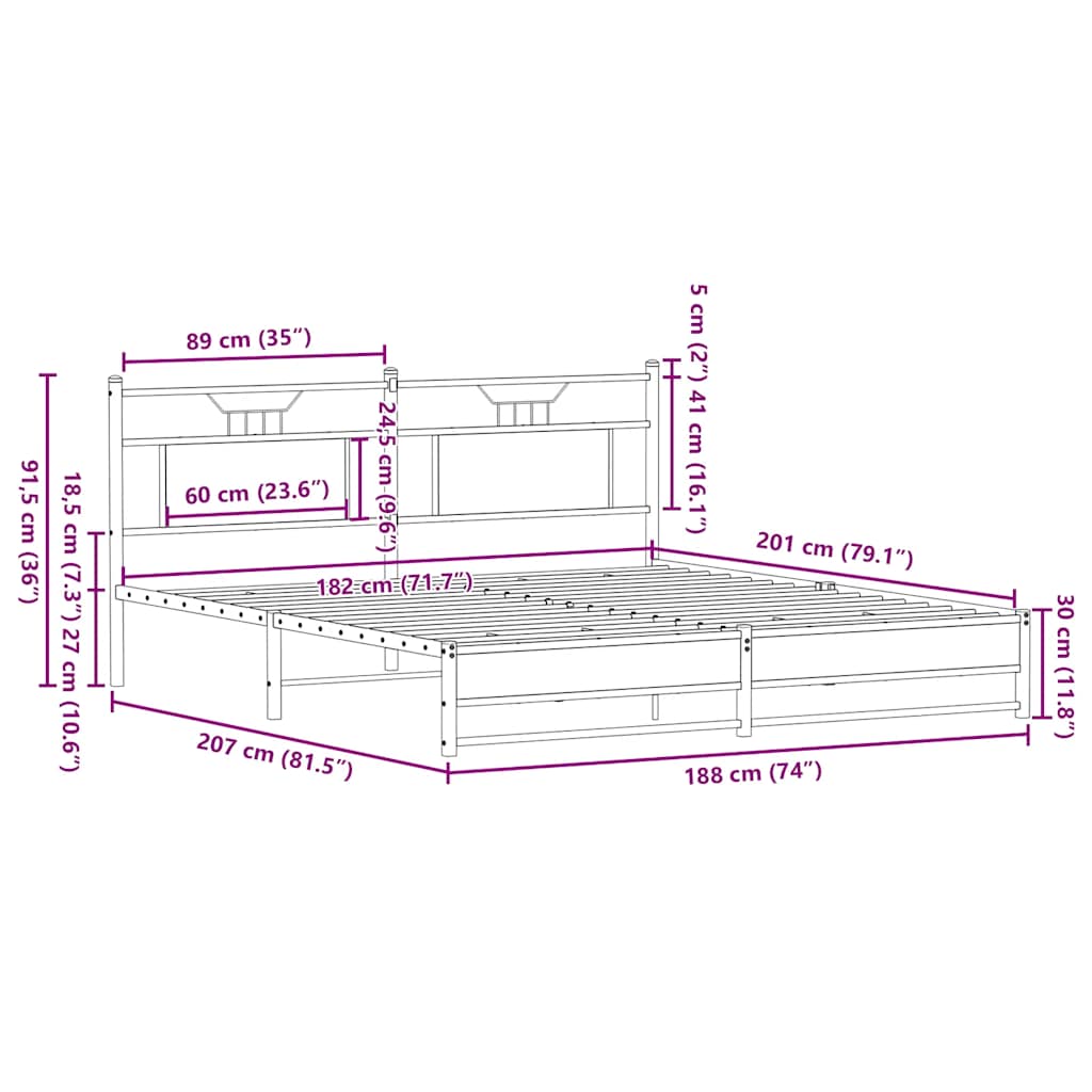 Cadre de lit en métal sans matelas chêne fumé 180x200 cm