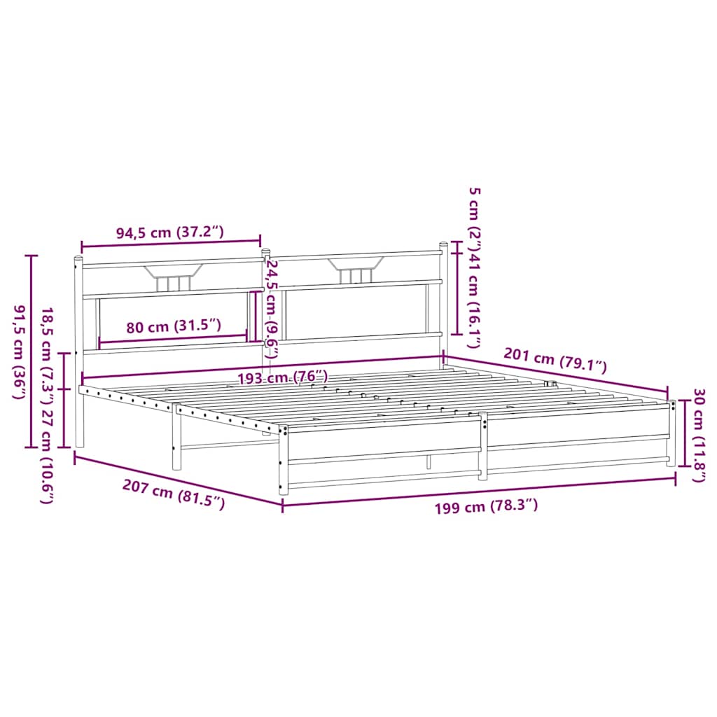 Cadre de lit en métal sans matelas chêne fumé 193x203 cm
