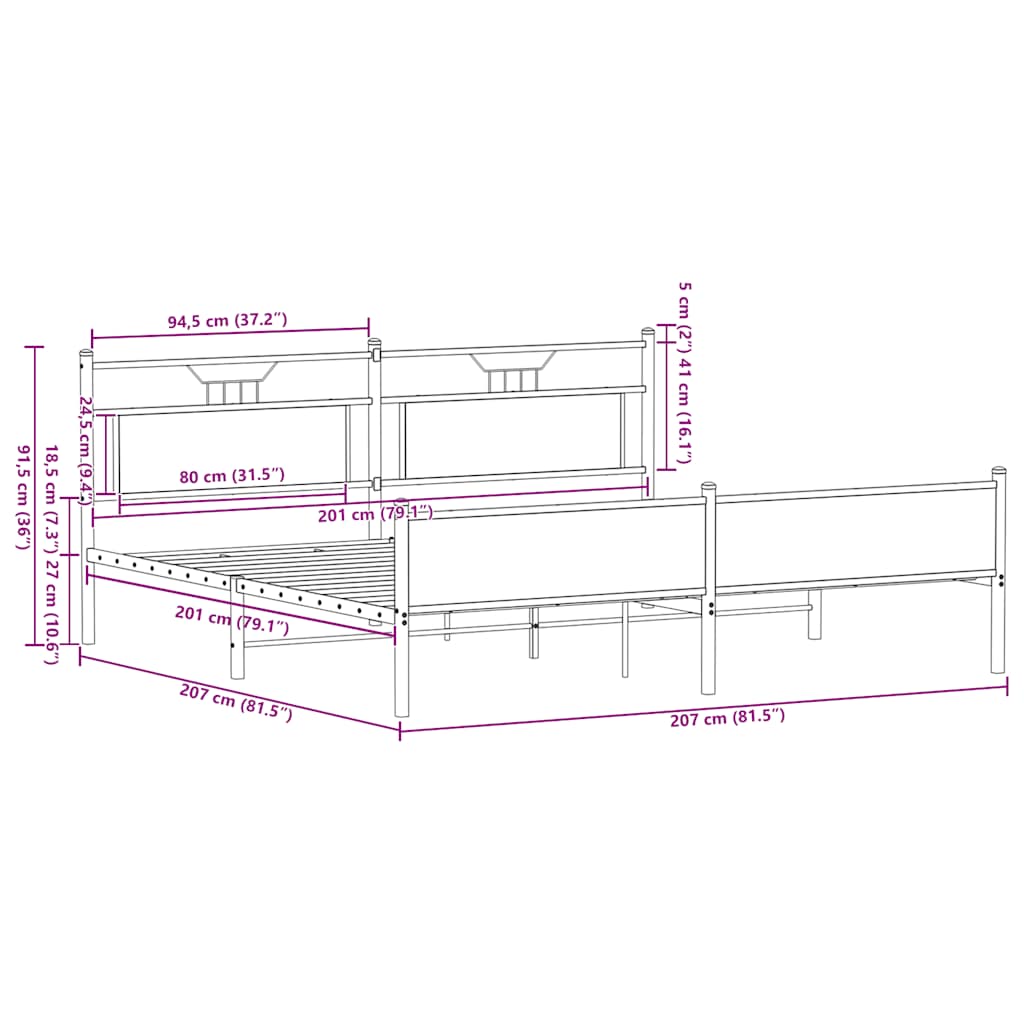 Cadre de lit en métal sans matelas chêne fumé 200x200 cm