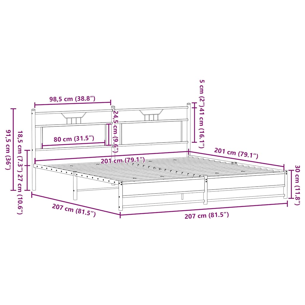 Cadre de lit en métal sans matelas chêne sonoma 200x200 cm