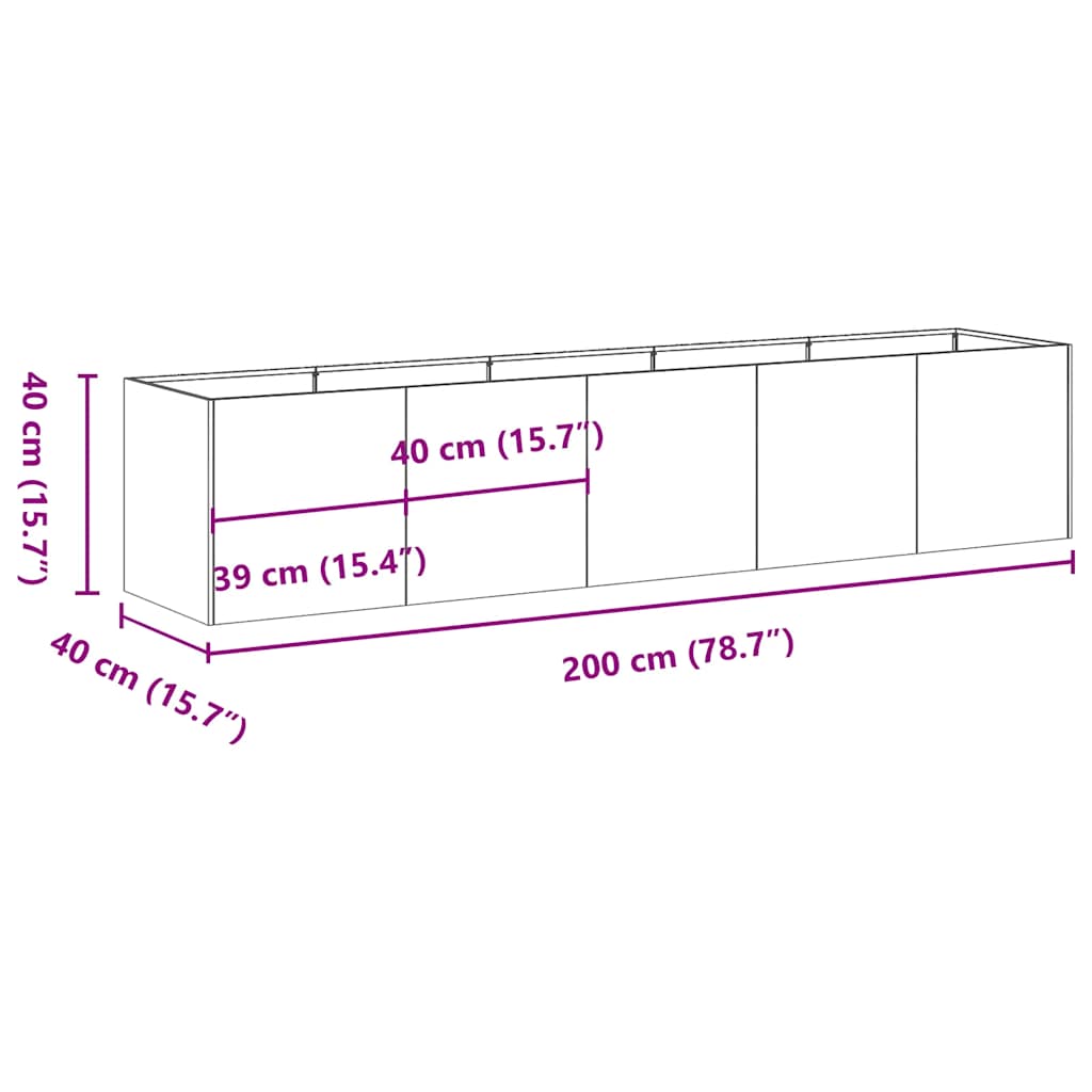 Jardinière rouillé 200x40x40 cm acier inoxydable