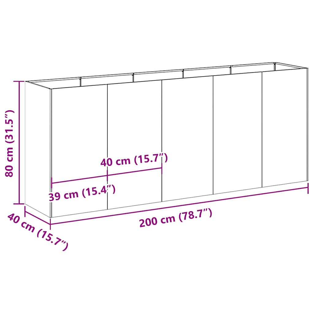 Jardinière rouillé 200x40x80 cm acier inoxydable