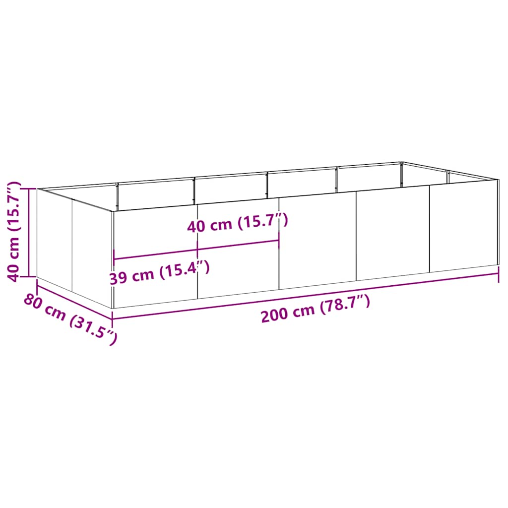 Jardinière rouillé 200x80x40 cm acier inoxydable