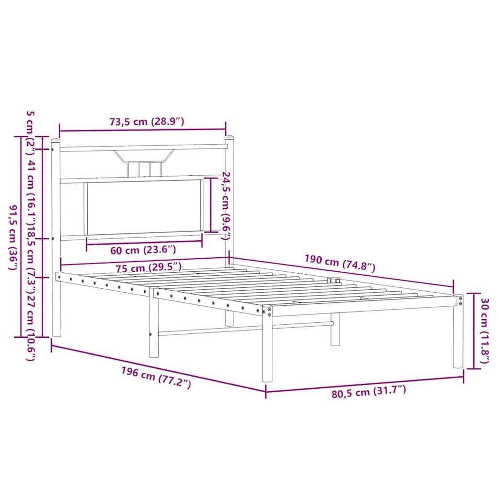 Cadre de lit sans matelas chêne fumé 75x190cm bois d'ingénierie