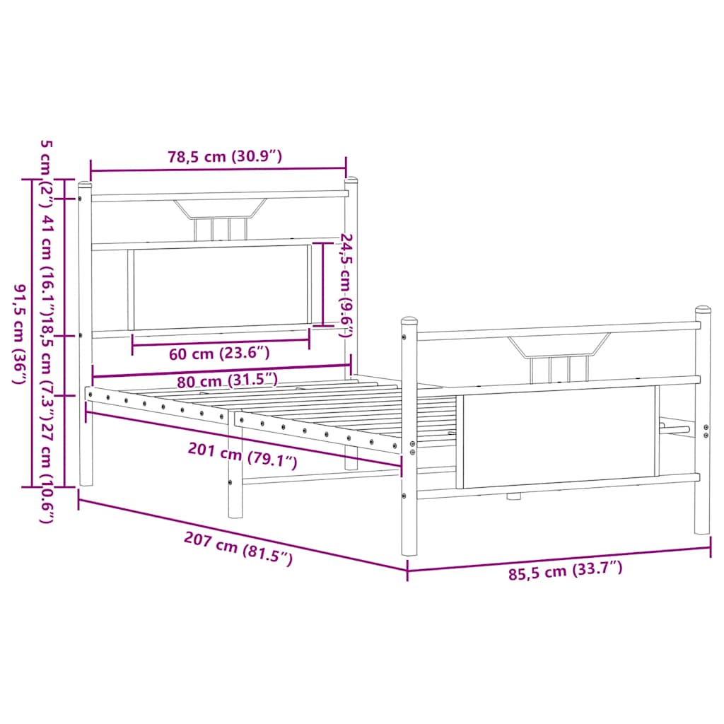 Cadre de lit sans matelas chêne fumé 80x200cm bois d'ingénierie