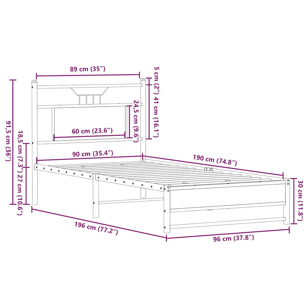 Cadre de lit sans matelas chêne fumé 90x190cm bois d'ingénierie