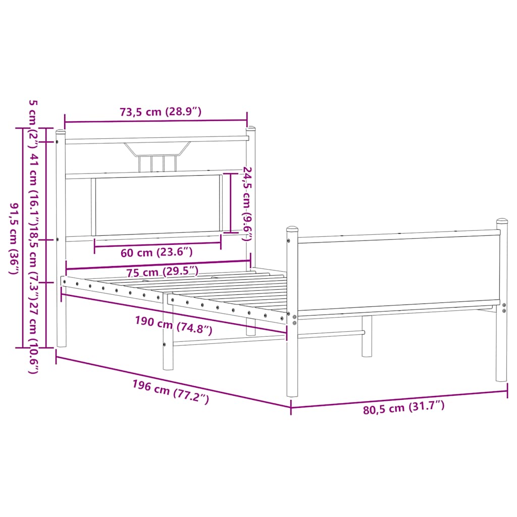 Cadre de lit sans matelas chêne fumé 75x190cm bois d'ingénierie