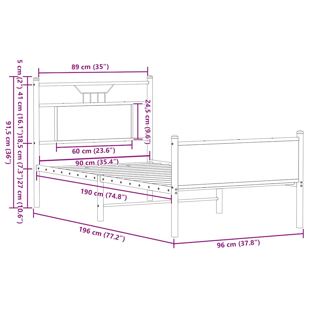 Cadre de lit sans matelas chêne fumé 90x190cm bois d'ingénierie