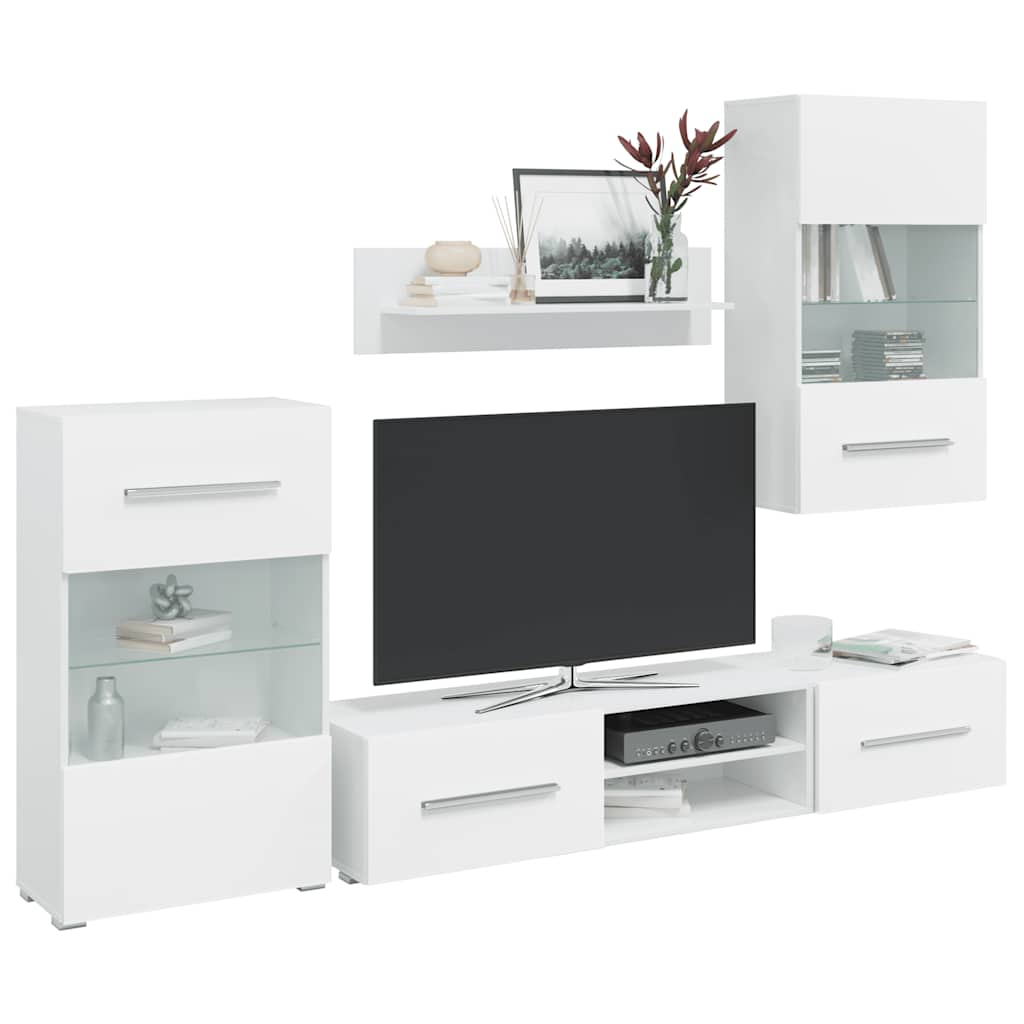 Meubles TV 5 pcs avec lumière LED blanc mat bois d'ingénierie