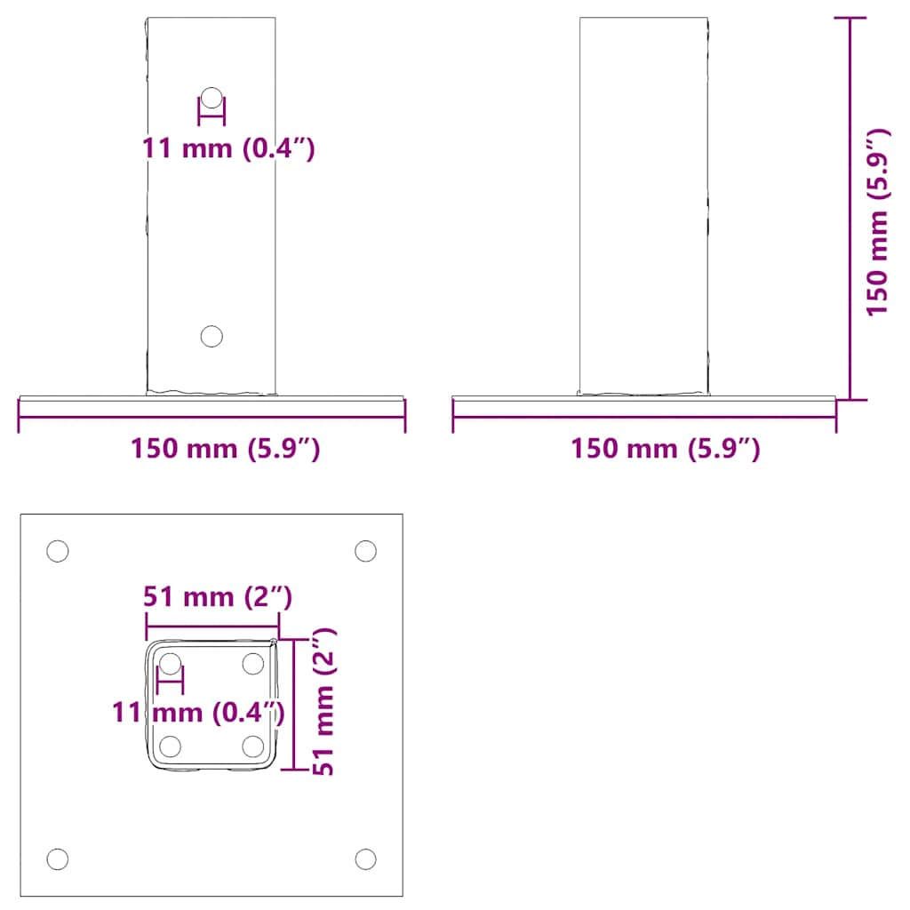 Bases de poteau carrées 4 pcs argent 51x51 mm acier galvanisé