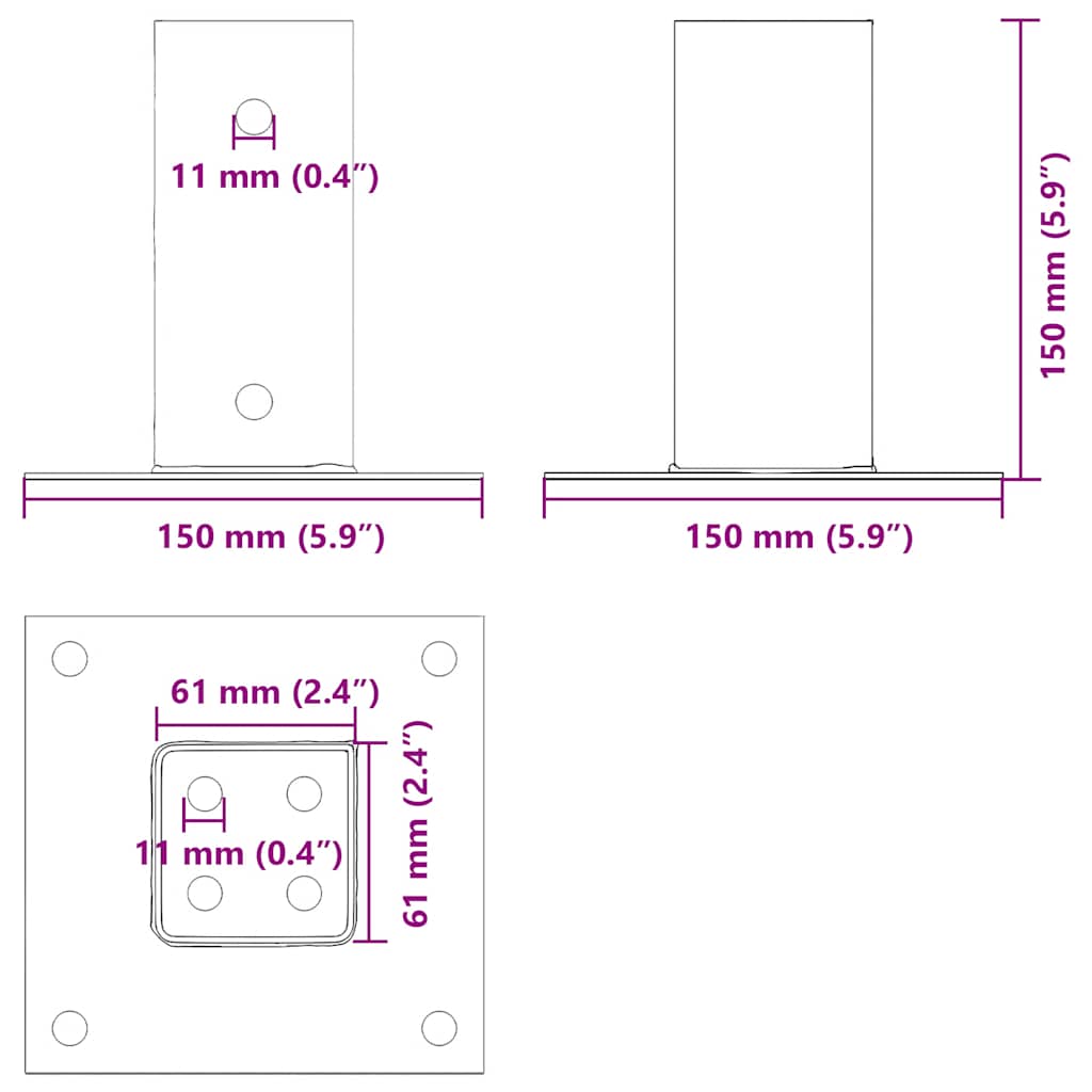 Bases de poteau carrées 4 pcs argent 61x61 mm acier galvanisé