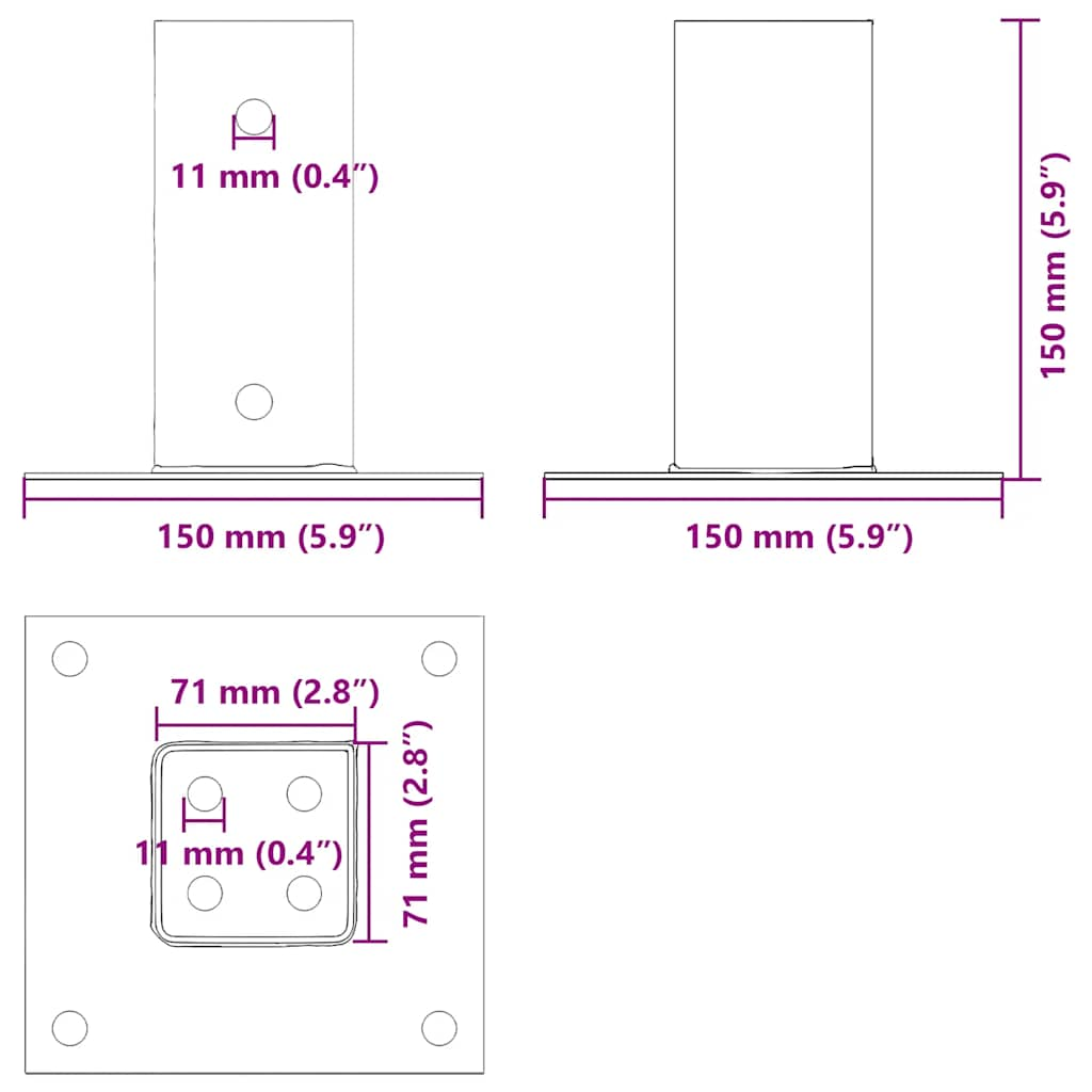 Bases de poteau carrées 4 pcs argent 71x71 mm acier galvanisé