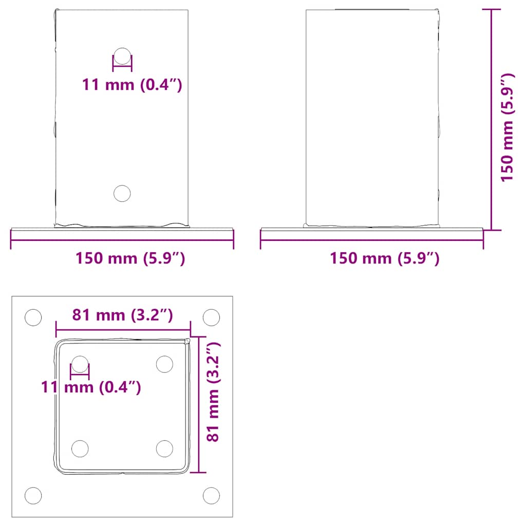 Bases de poteau carrées 4 pcs argent 81x81 mm acier galvanisé