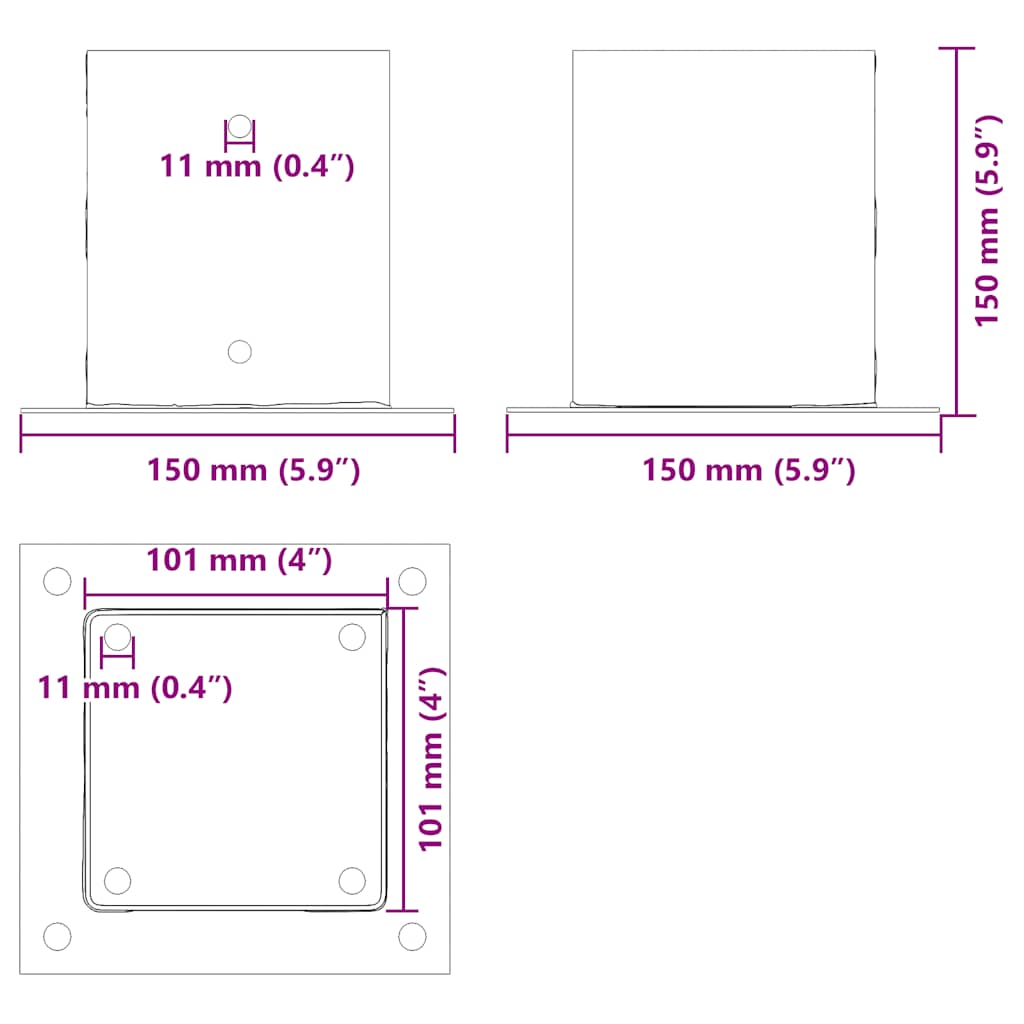 Bases de poteau carrées 4 pcs argent 101x101 mm acier galvanisé