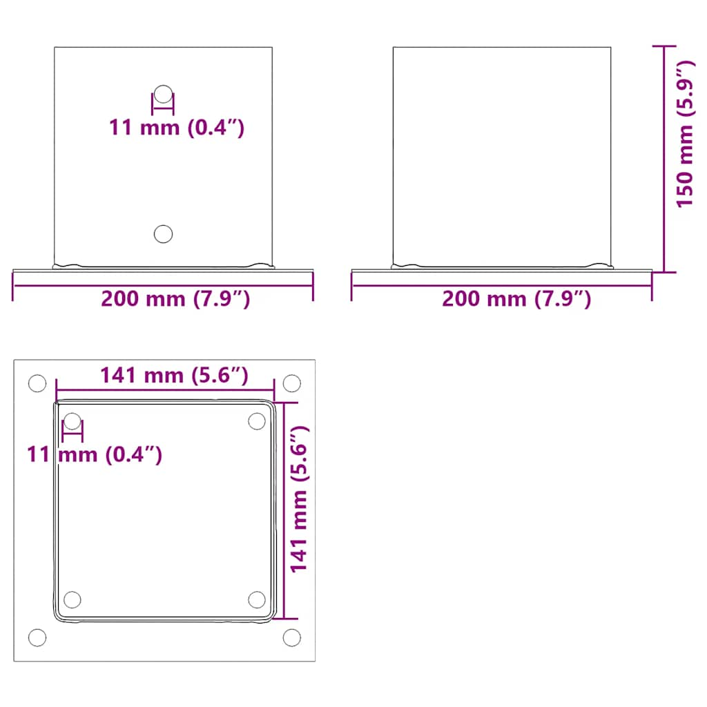 Bases de poteau carrées 4 pcs argent 141x141 mm acier galvanisé