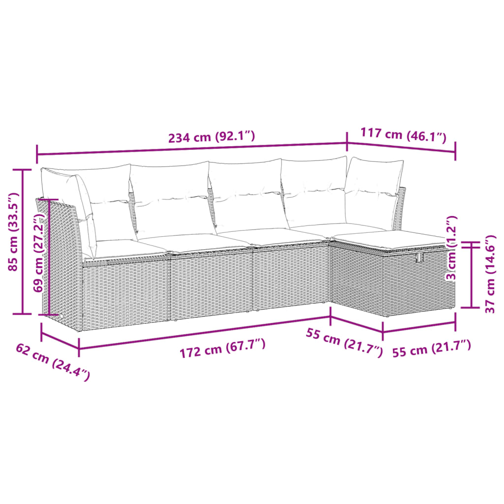 Salon de jardin avec coussins 5 pcs marron résine tressée