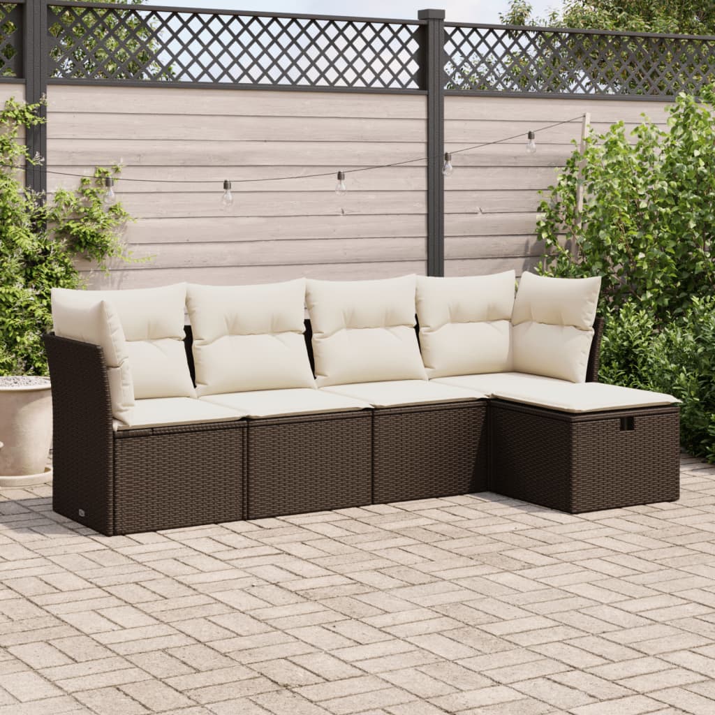 Salon de jardin avec coussins 5 pcs marron résine tressée