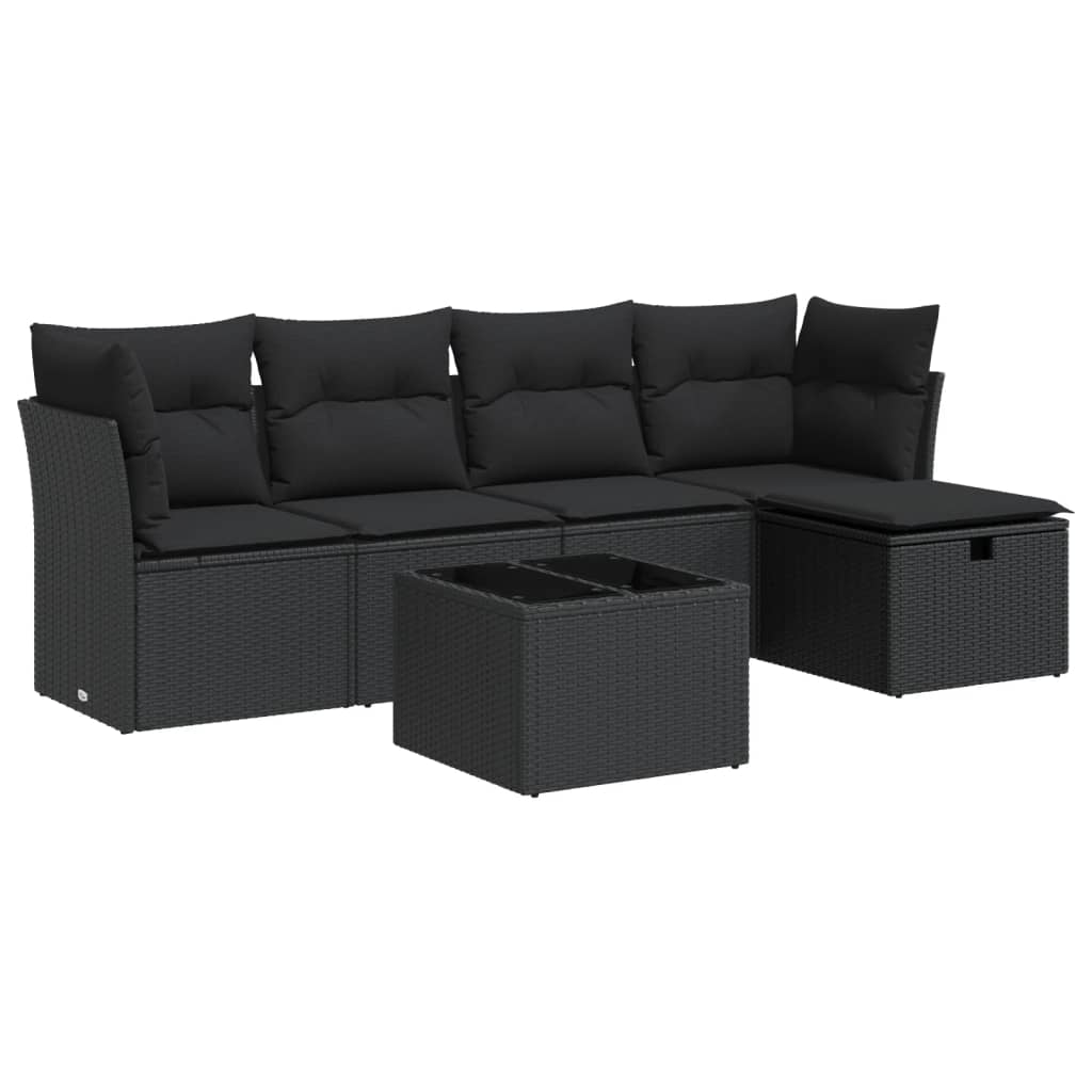 Salon de jardin 6 pcs avec coussins noir résine tressée