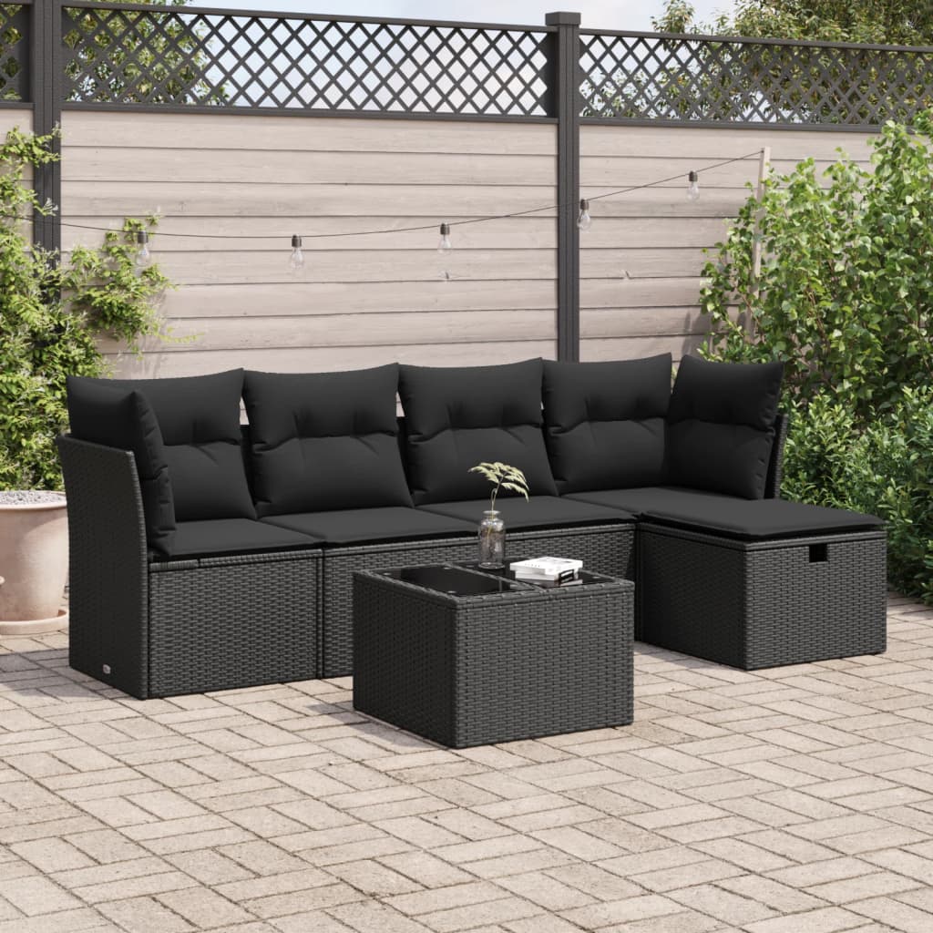 Salon de jardin 6 pcs avec coussins noir résine tressée