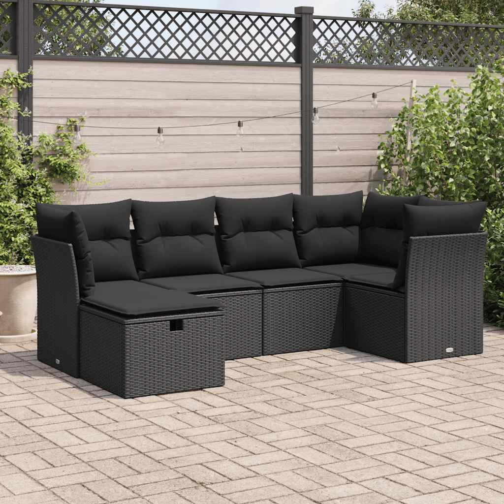 Salon de jardin 6 pcs avec coussins noir résine tressée