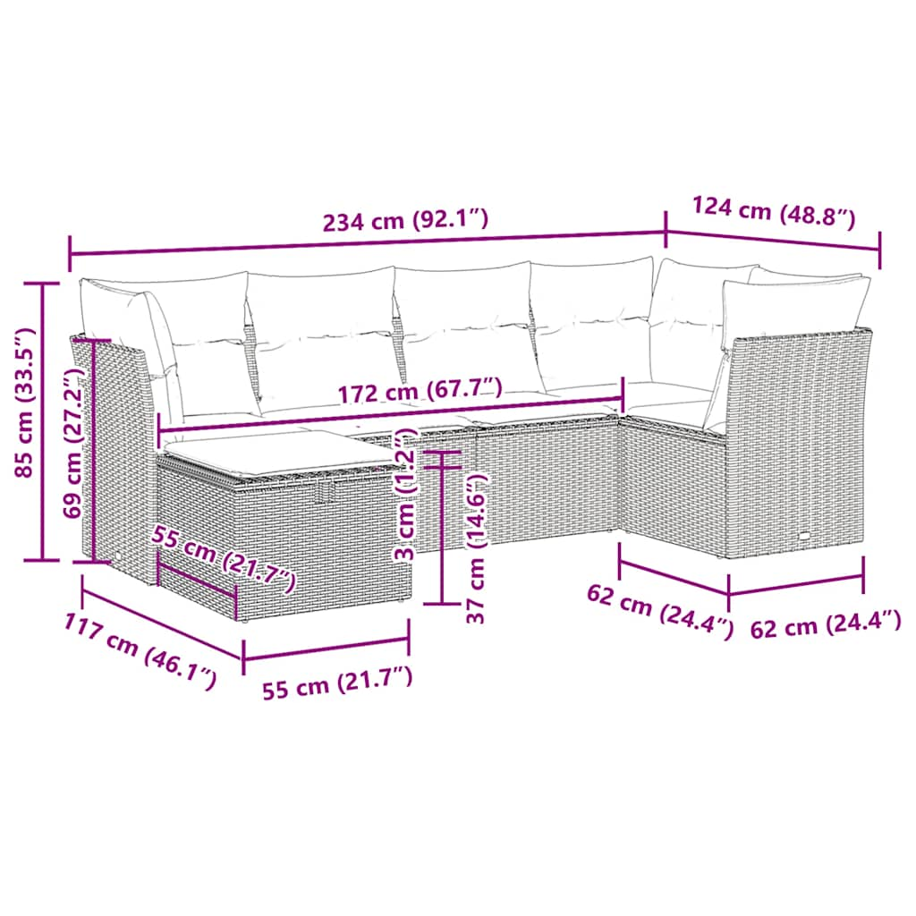 Salon de jardin 6 pcs avec coussins gris résine tressée