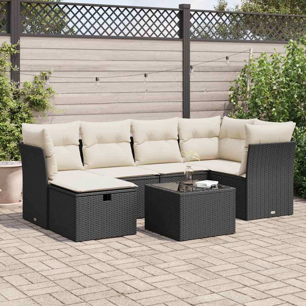 Salon de jardin 7 pcs avec coussins noir résine tressée