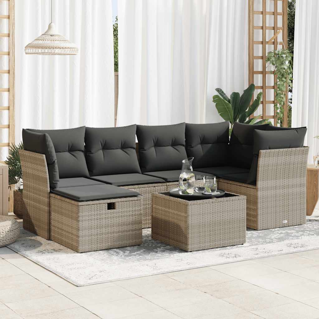 Salon de jardin avec coussins 7 pcs gris clair résine tressée