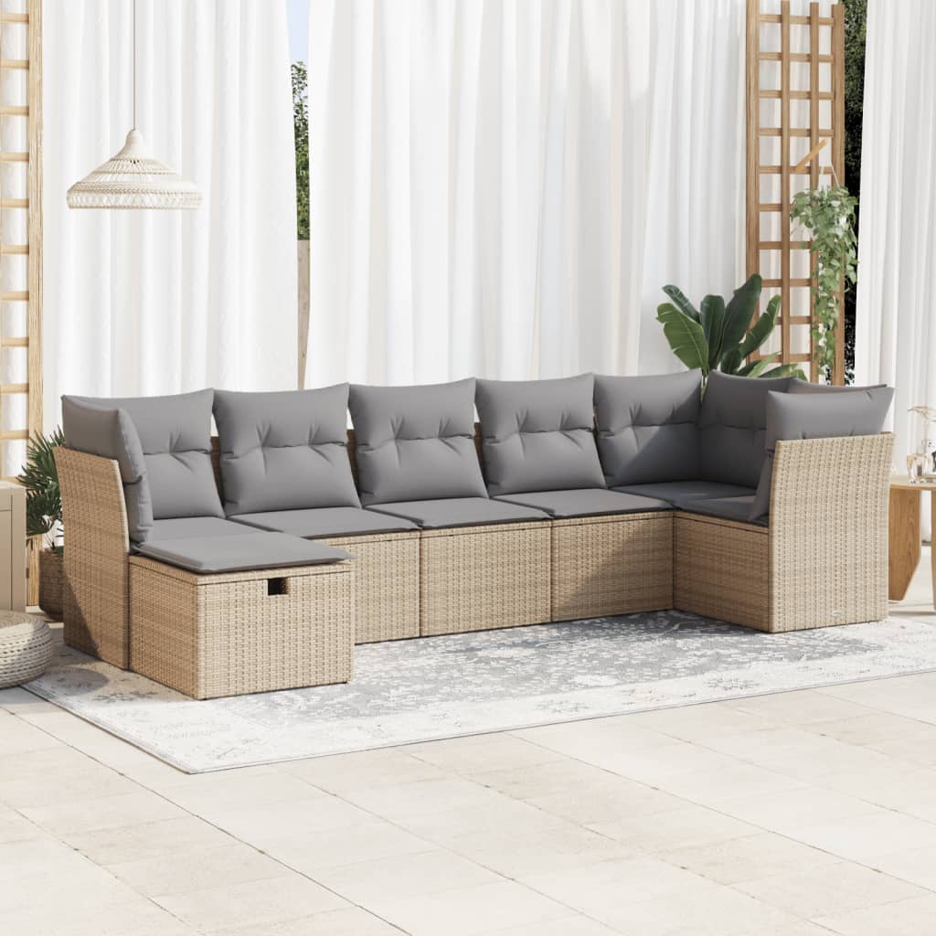 Salon de jardin avec coussins 7 pcs beige résine tressée