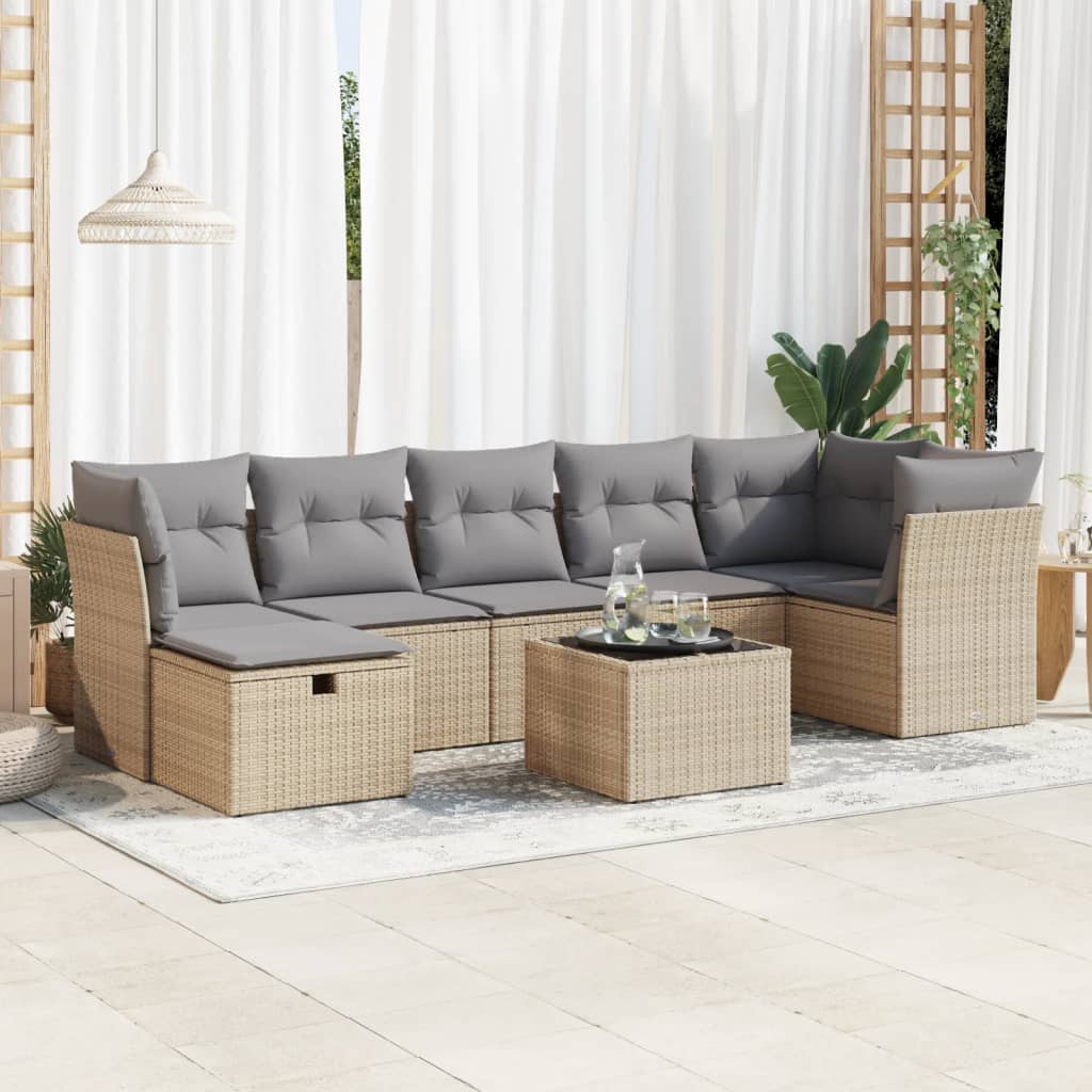 Salon de jardin avec coussins 8 pcs beige résine tressée