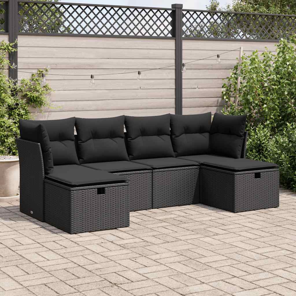 Salon de jardin 6 pcs avec coussins noir résine tressée